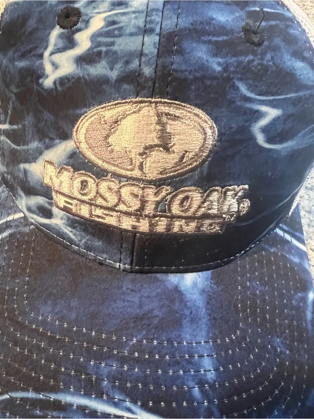Mossy Oak Fishing Blue Tie-Dye and White Mesh Hat